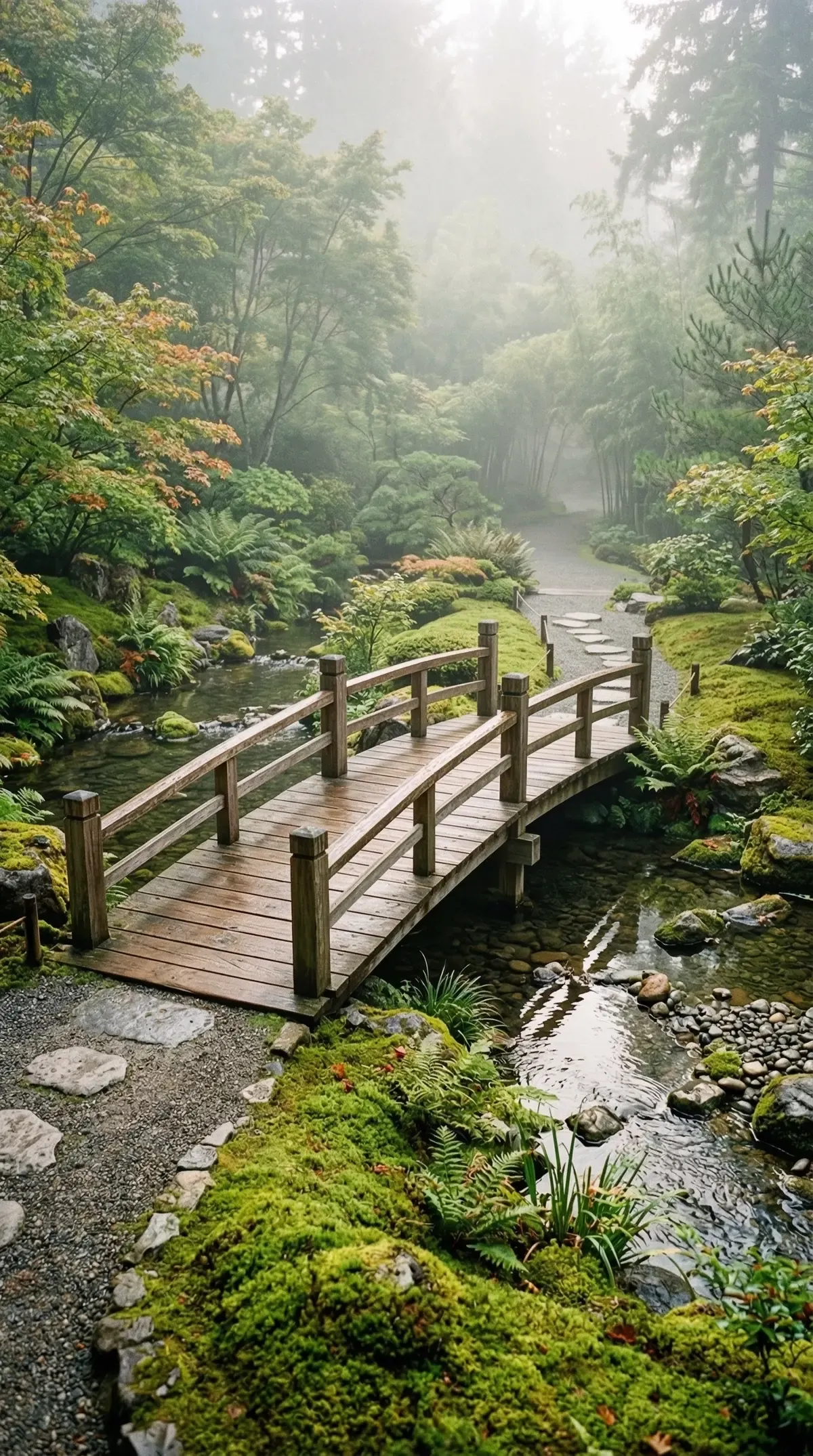 Puente de madera en un jardín sereno