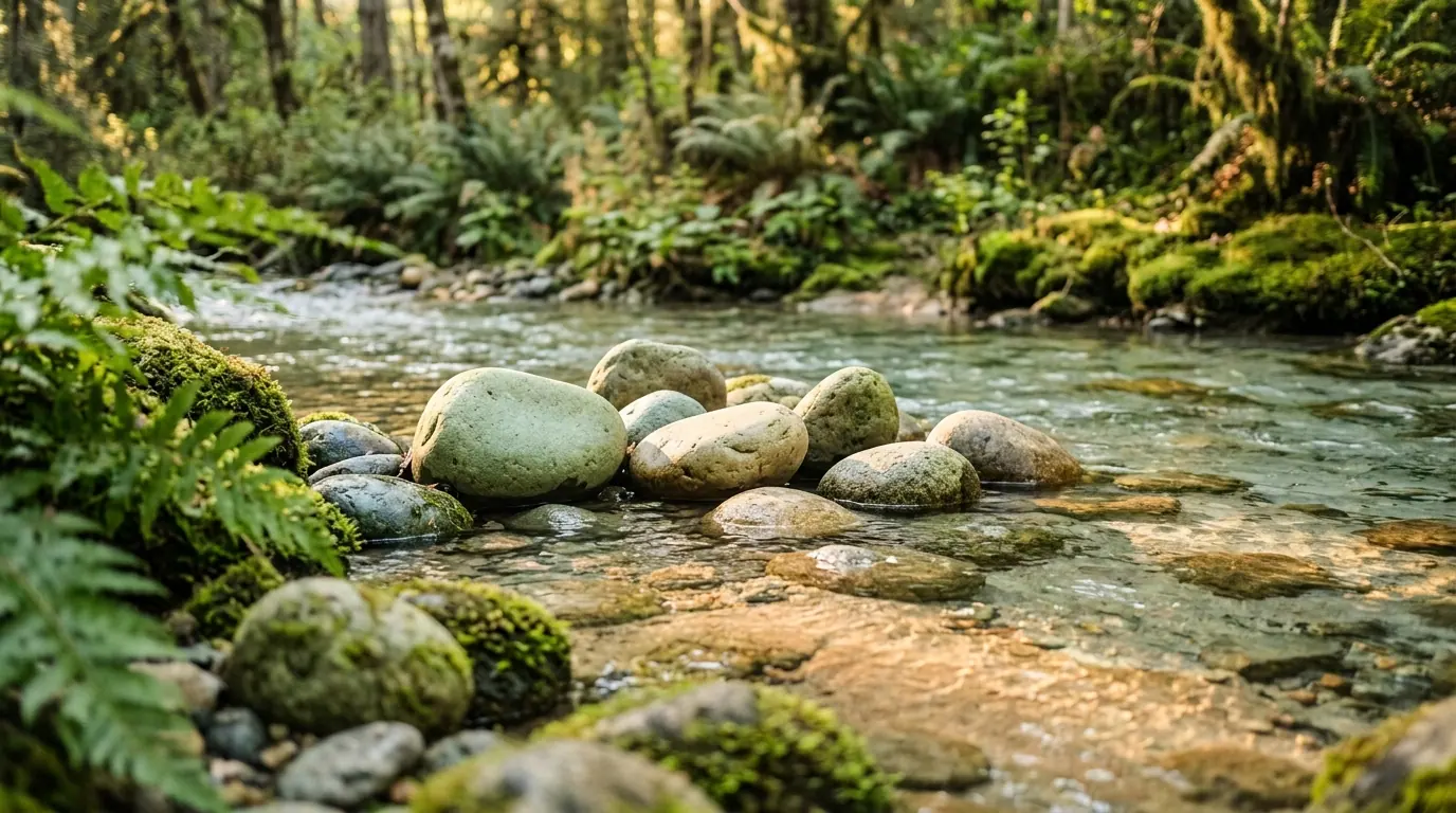 Piedras de río redondeadas en aguas cristalinas y tranquilas bajo luz suave matinal, transmitiendo anclaje, serenidad y estabilidad emocional.