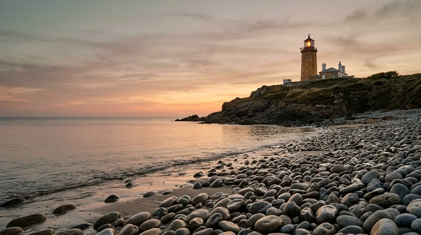 Faro costero al atardecer sobre mar en calma con linterna encendida en cálido ámbar, piedras de orilla en primer plano, transmitiendo guía, serenidad y refugio seguro.