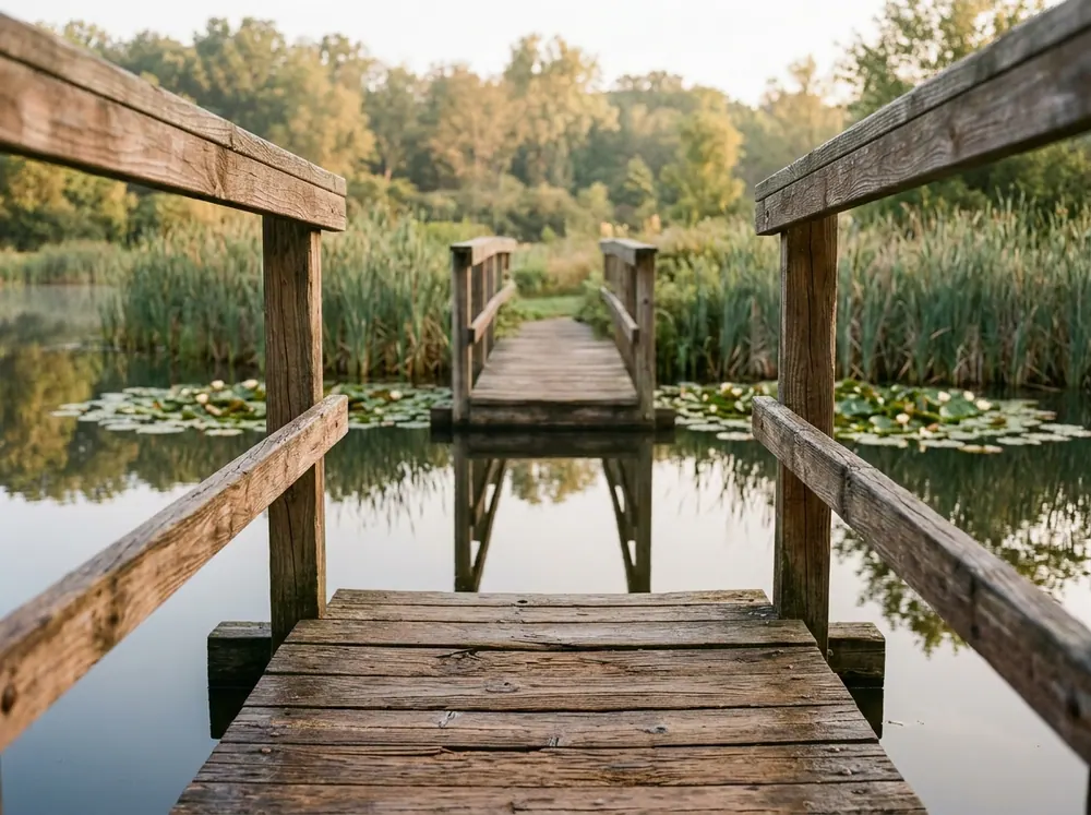 Handcrafted wooden bridge over still water reflecting morning light, evoking safe transitions and clinical commitment.