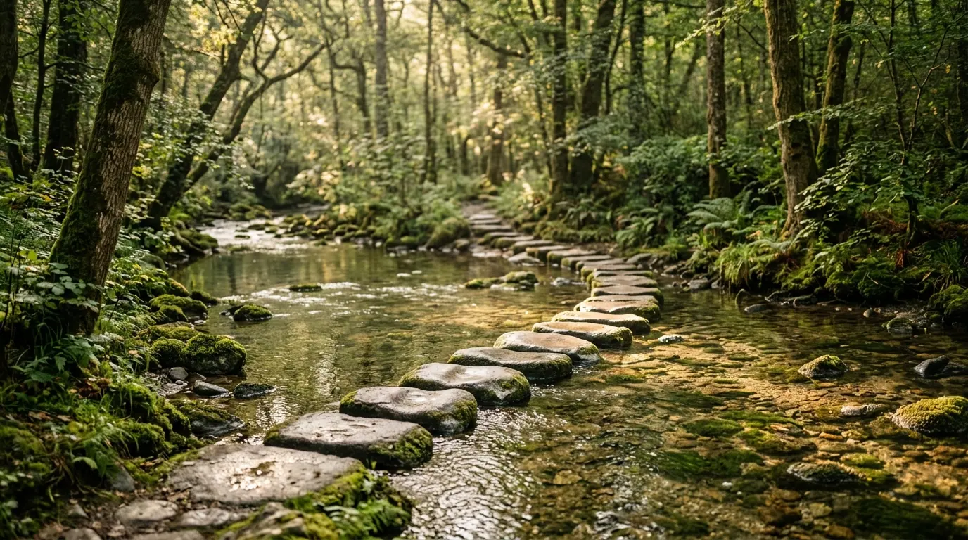 Pathway of flat stones crossing a serene brook among ferns and gentle morning light, symbolizing clear and mutual agreements.