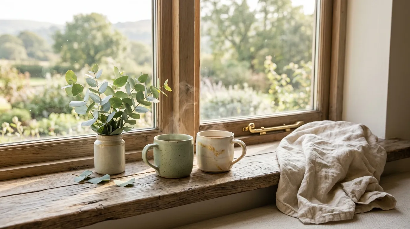 Dos tazas de té junto a una ventana con una manta de lino y eucalipto