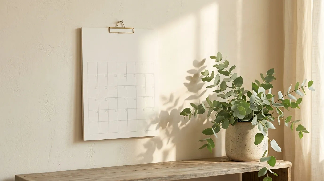 A calendar page on a light wall next to a plant