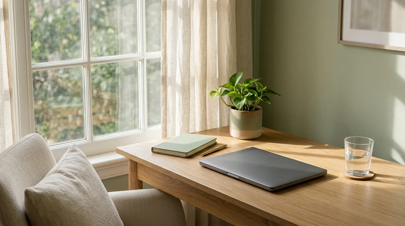 A tidy desk by a window, ready for a video visit from home