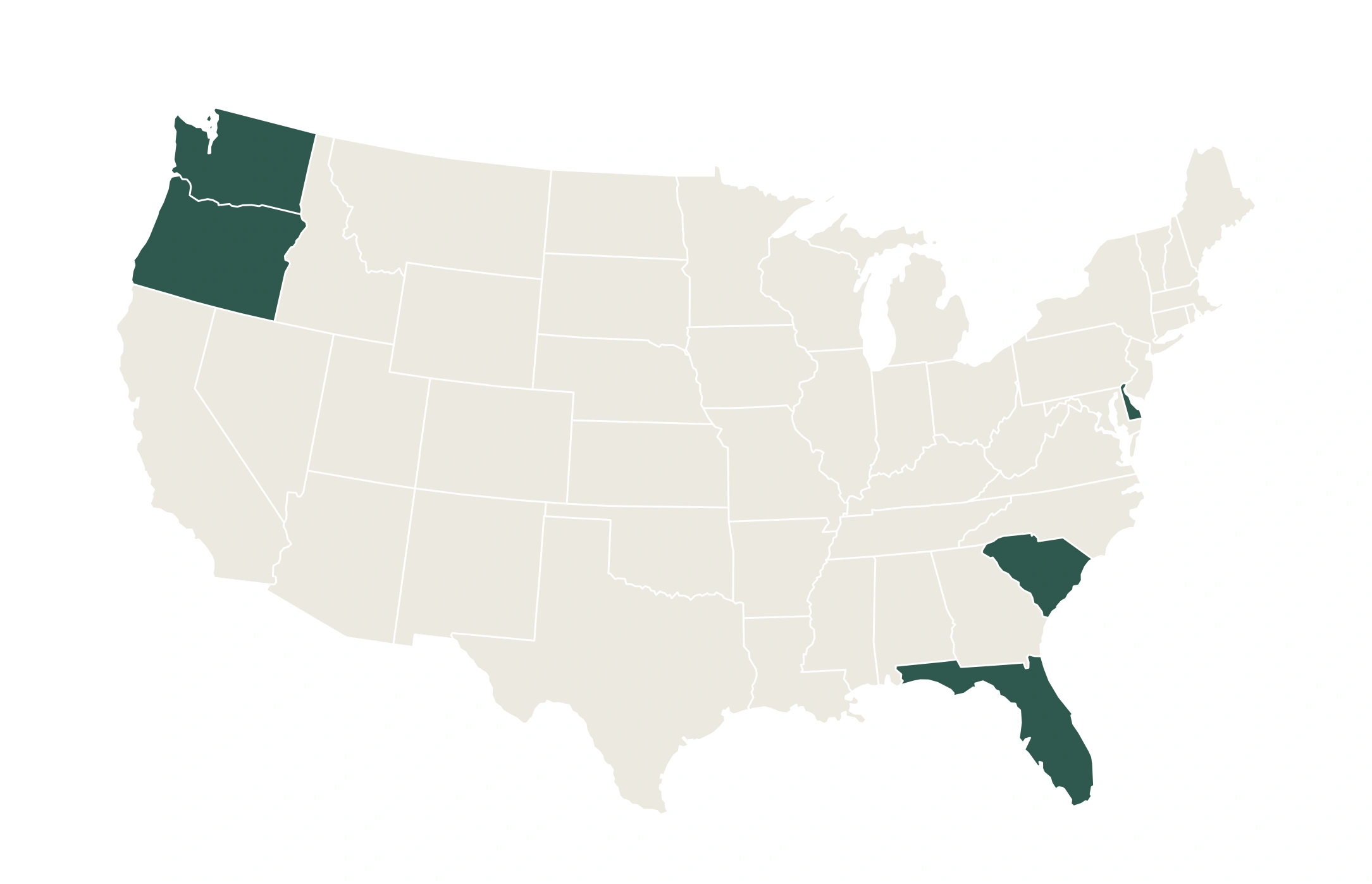 Coverage map — Active states: FL, OR, WA, SC, DE